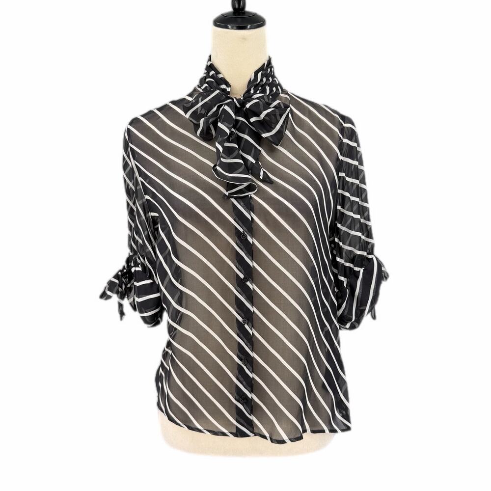 Anne Fontaine Black White Striped Sheer Bows 100% Silk Chic Modern Work Blouse